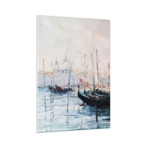 Cuadro sobre vidrio - Impresiones sobre Vidrio - Paisaje impresionista con barcos y edificios. - 50x70cm - Más allá del agua, más allá de la niebla - Decoración de pared moderna para salón y dormitorio ARTTOR