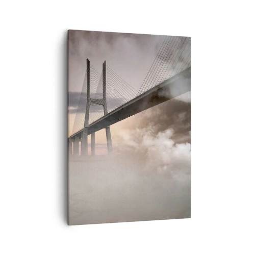 Cuadro sobre lienzo - Impresión de Imagen - Un puente sobre un río rodeado de niebla por la mañana. - 50x70cm - Junto al río que no existe - Decoración de pared moderna para salón y dormitorio ARTTOR