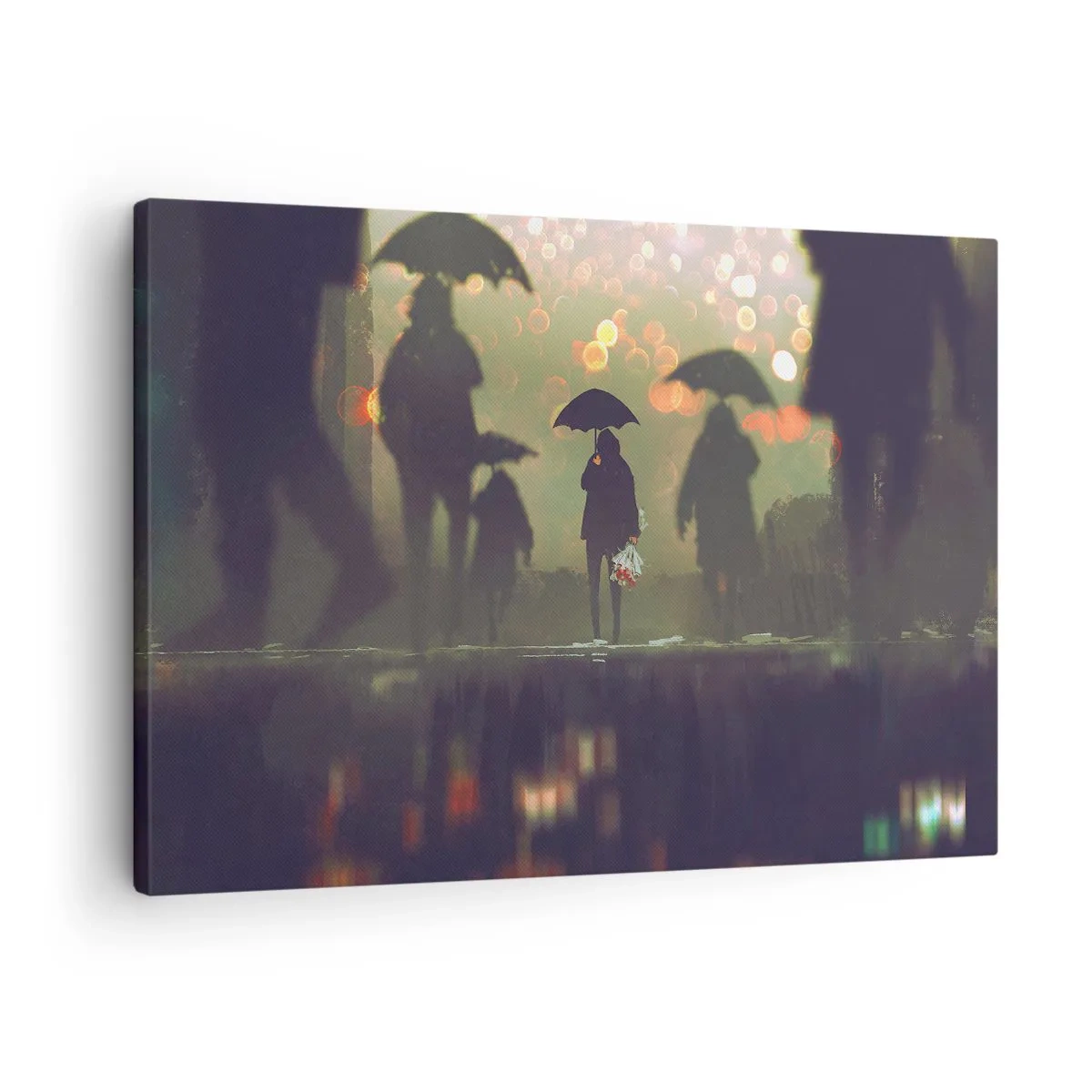 Cuadro sobre lienzo - Impresión de Imagen - Una figura con un paraguas en una tarde lluviosa entre las luces de la ciudad. - 70x50cm - Desde la perspectiva de una gota de lluvia - Decoración de pared moderna para salón y dormitorio ARTTOR
