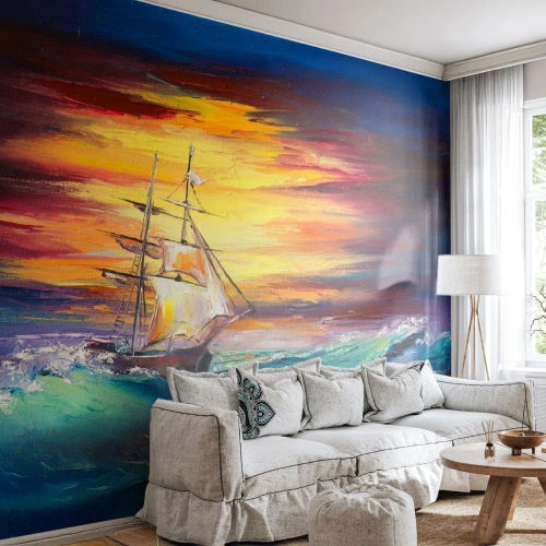 Fotomural Autadhesivo Deluxe Sticker - Valientemente surcando las olas - Velero, Mar, Tormenta - 100x70 cm