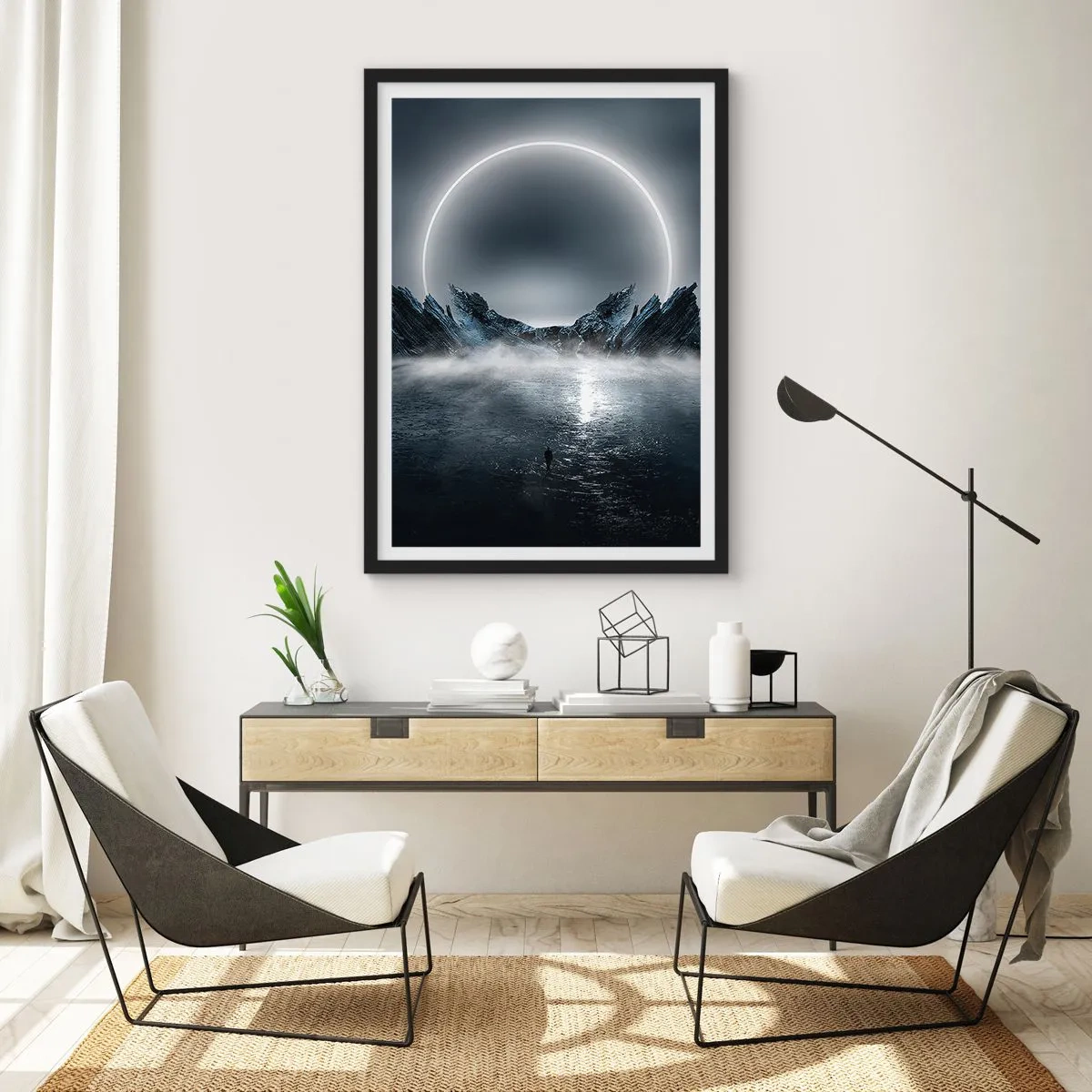 Póster en marco negro - Un paisaje misterioso con un círculo brillante en el cielo. - 50x70cm - El final del cuento - Decoración de pared moderna para salón y dormitorio ARTTOR