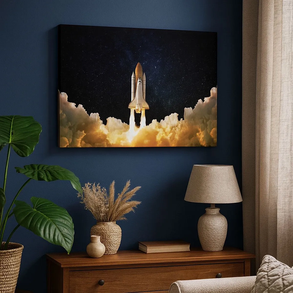 Cuadro sobre lienzo - Impresión de Imagen - Un cohete espacial despegando contra el cielo estrellado. - 70x50cm - ¡Ad astra! - Decoración de pared moderna para salón y dormitorio ARTTOR
