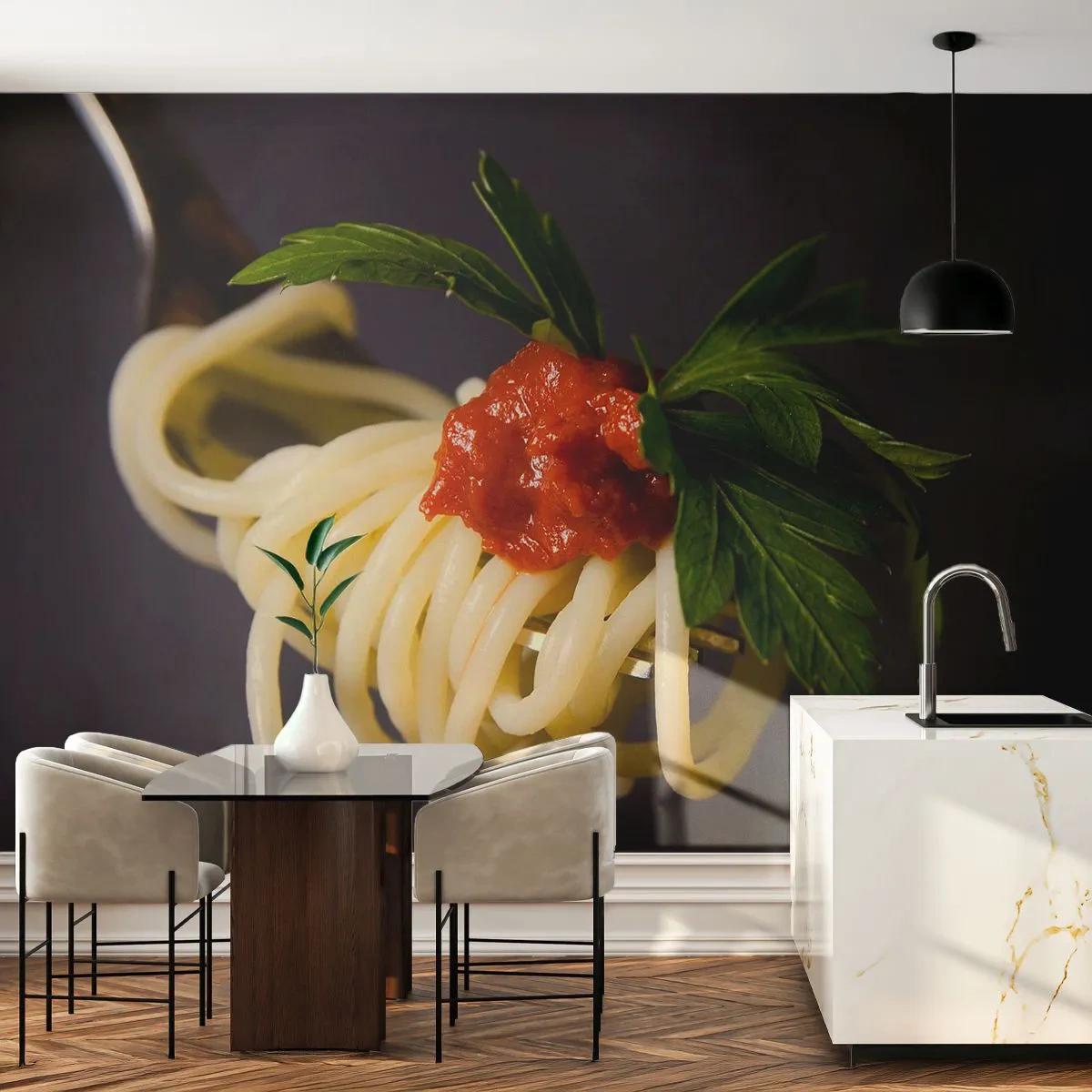 Fotomural Premium Sand - Pasta espaguetis al tenedor con salsa de tomate y perejil - 100x70cm - Un sabroso bocado - Decoración de pared moderna para salón y dormitorio ARTTOR