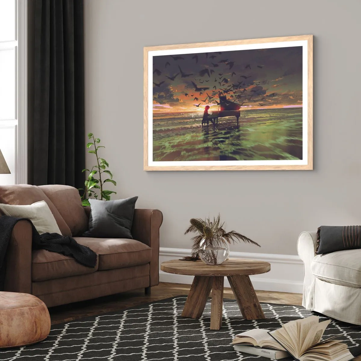 Póster en marco roble claro - Concierto de piano y olas - 100x70 cm