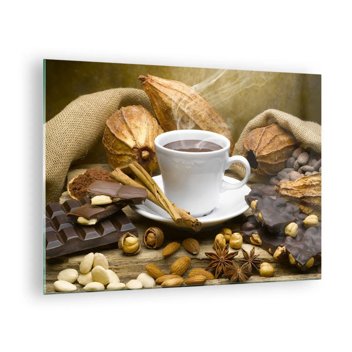 Cuadro sobre vidrio - Impresiones sobre Vidrio - Una taza de chocolate caliente rodeada de chocolate y especias. - 70x50cm - Para los que buscan emociones - Decoración de pared moderna para salón y dormitorio ARTTOR