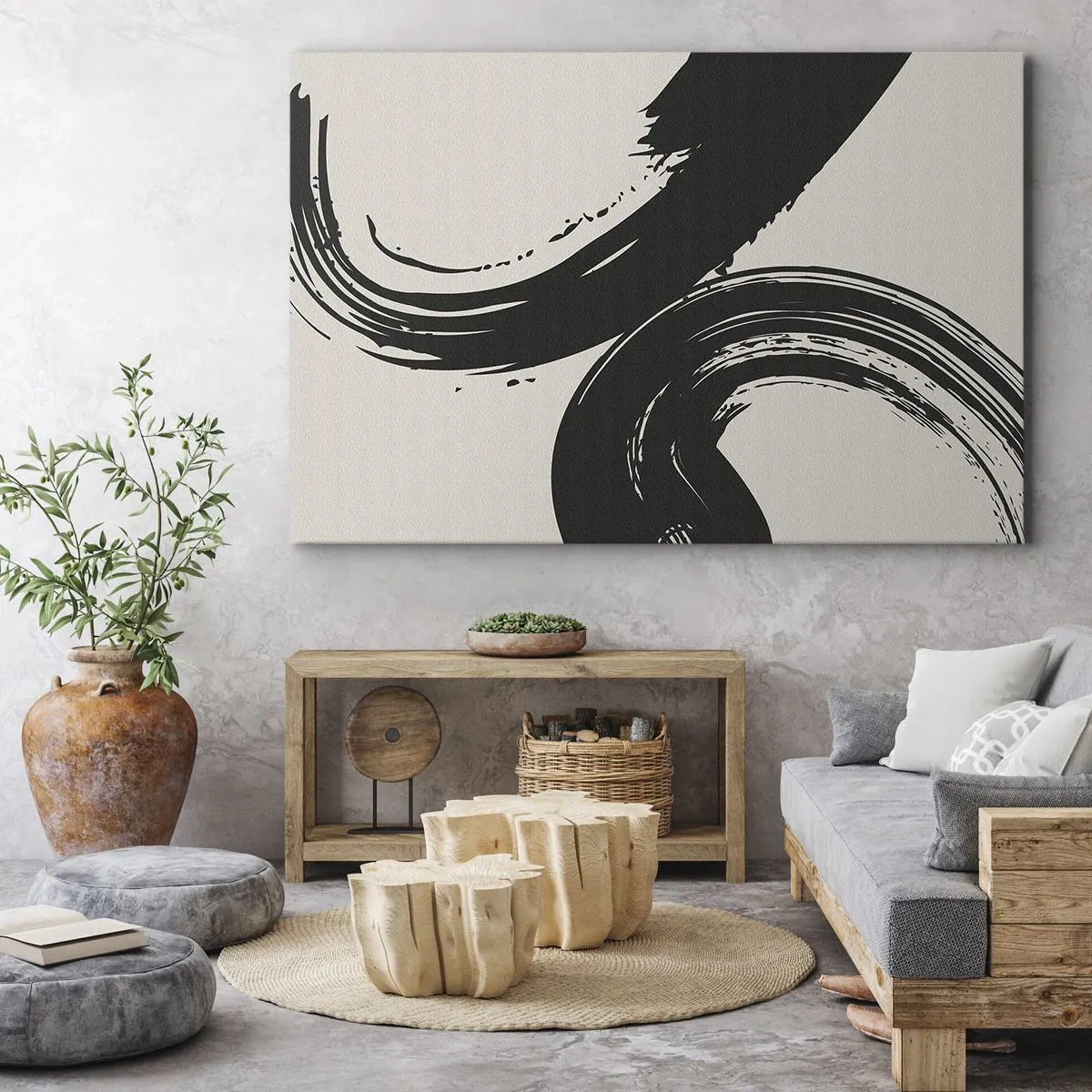 Cuadro sobre lienzo - Impresión de Imagen - Pinceladas dinámicas en negro sobre un fondo claro - 120x80cm - Barrido y circular - Decoración de pared moderna para salón y dormitorio ARTTOR