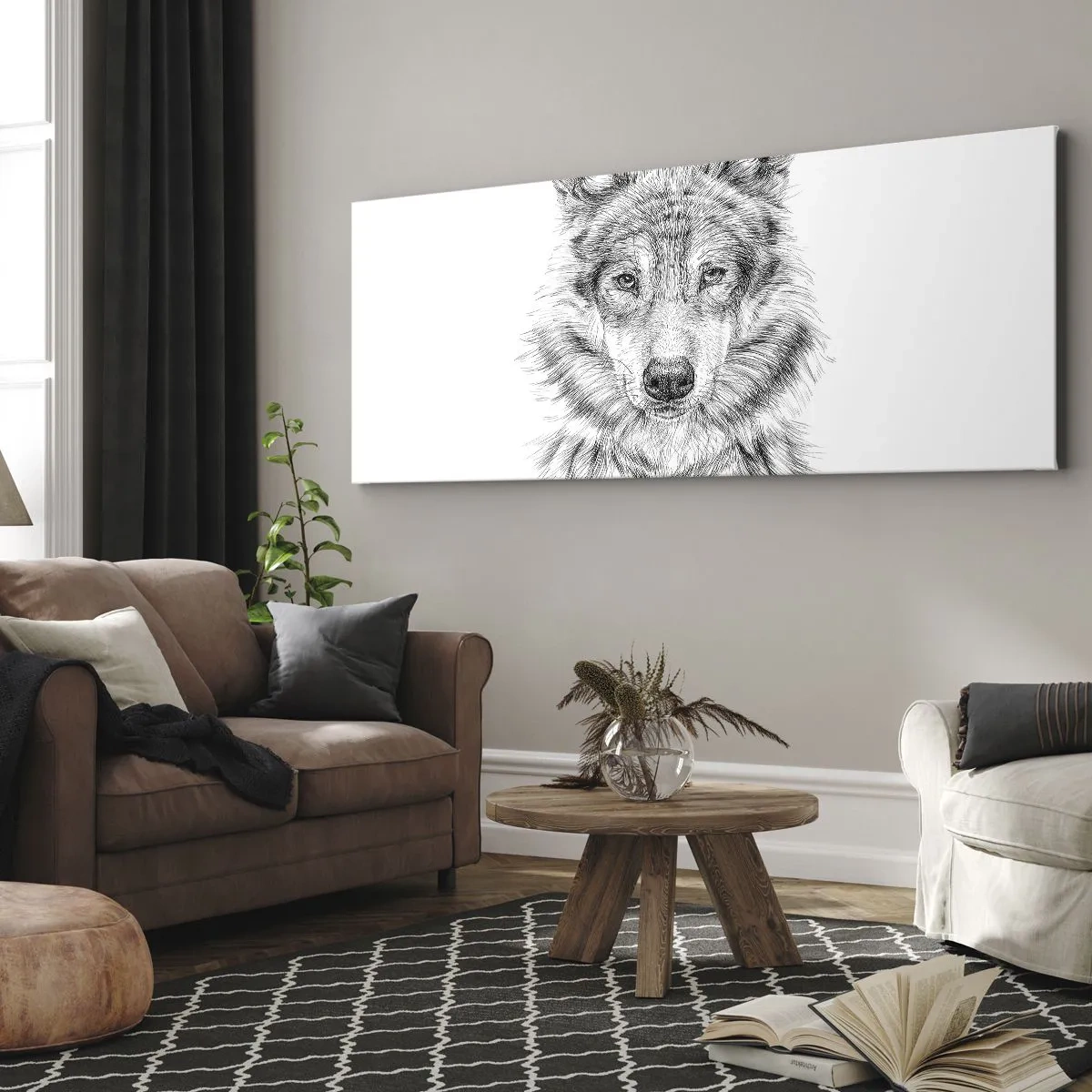 Cuadro sobre lienzo - Impresión de Imagen - Boceto de una cabeza de lobo en estilo monocromático sobre fondo blanco. - 140x50cm - Un líder nato - Decoración de pared moderna para salón y dormitorio ARTTOR