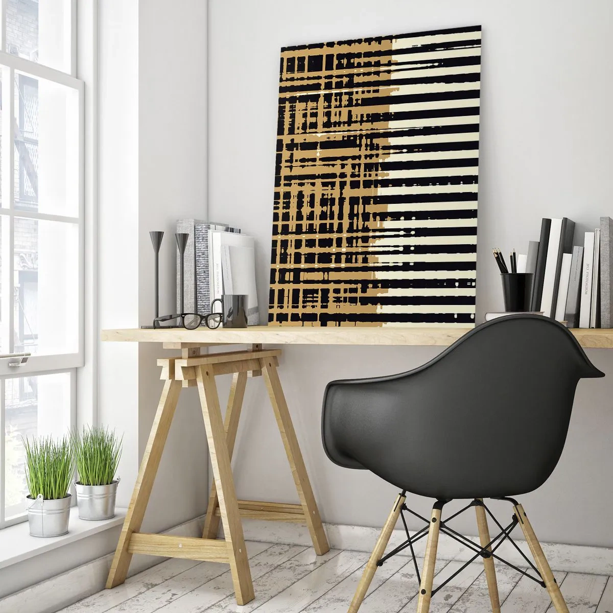Cuadro sobre vidrio - Impresiones sobre Vidrio - Rayas y líneas geométricas en tonos negros y dorados. - 50x70cm - Abstracción arquitectónica - Decoración de pared moderna para salón y dormitorio ARTTOR