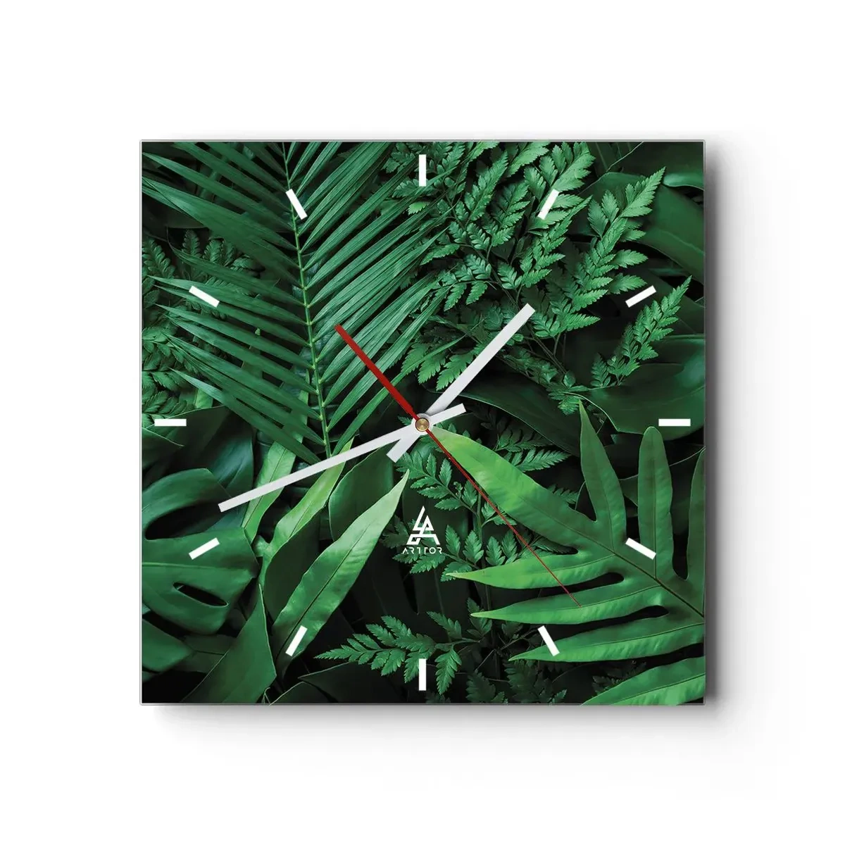 Reloj de pared - Reloj de vidrio - Hojas tropicales verdes en una composición densa y natural. - 30x30cm - Abrazo verde - Decoración de pared moderna para salón y dormitorio ARTTOR