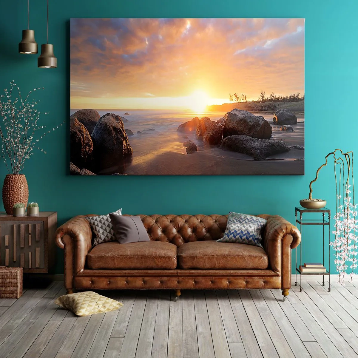 Cuadro sobre lienzo - Impresión de Imagen - Puesta de sol sobre la costa rocosa - 120x80cm - Brisa luminosa del atardecer - Decoración de pared moderna para salón y dormitorio ARTTOR