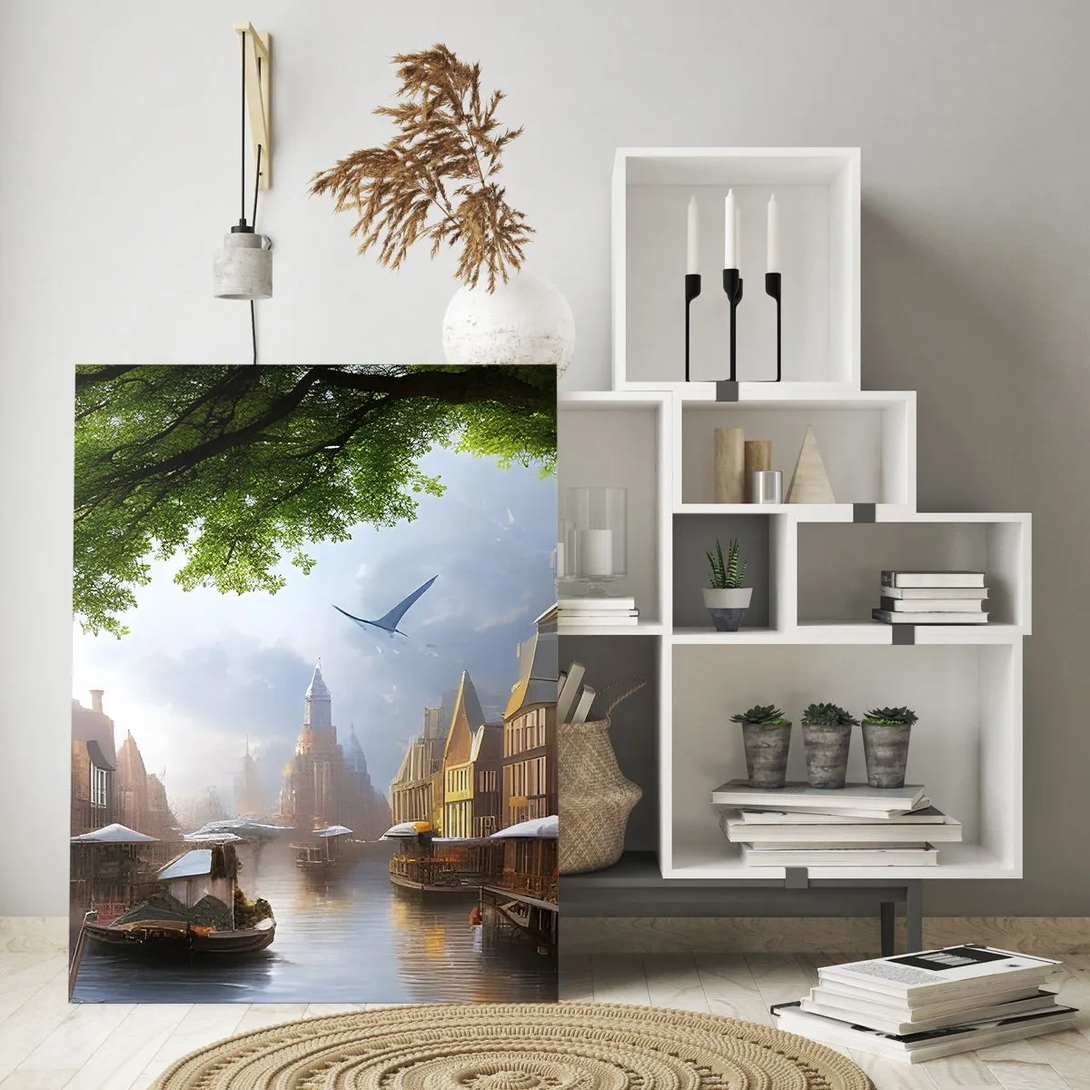 Cuadro sobre vidrio - Impresiones sobre Vidrio - Una vista atmosférica de un canal holandés con barcos y edificios. - 50x70cm - Paisaje urbano holandés - Decoración de pared moderna para salón y dormitorio ARTTOR