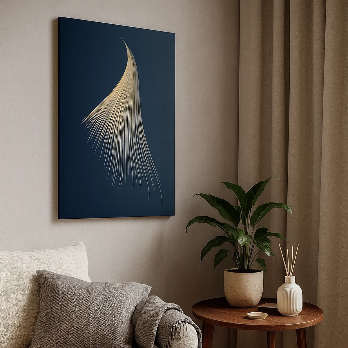 Cuadro sobre lienzo - Impresión de Imagen - Una delicada línea similar a una pluma sobre un fondo azul marino. - 50x70cm - Como el cabello de un ángel - Decoración de pared moderna para salón y dormitorio ARTTOR