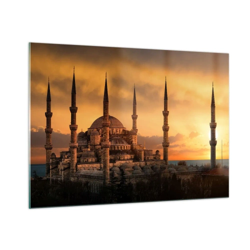 Cuadro sobre vidrio - Impresiones sobre Vidrio - La Mezquita Azul con el atardecer como telón de fondo - 100x70cm - Dios es grande - Decoración de pared moderna para salón y dormitorio ARTTOR