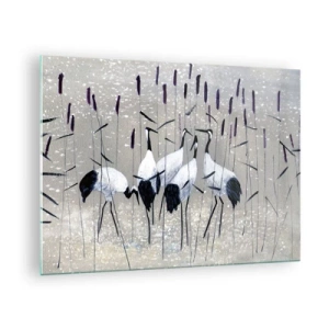 Cuadro sobre vidrio - Impresiones sobre Vidrio - Cuatro grullas entre los juncos junto al lago - 70x50cm - Entre los suyos - Decoración de pared moderna para salón y dormitorio ARTTOR