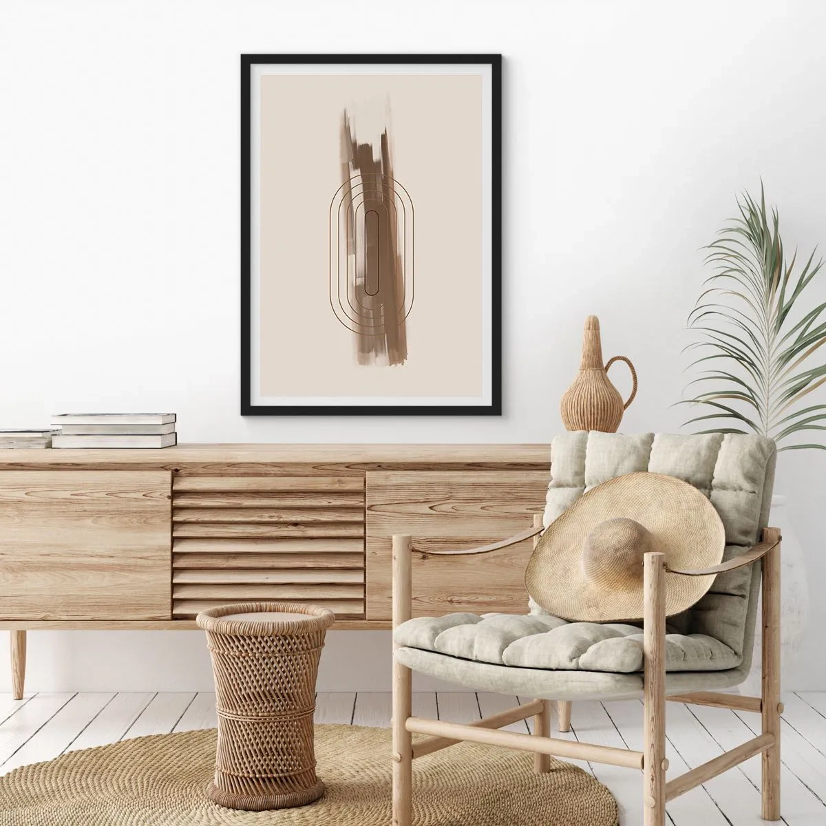 Póster en marco negro - Forma geométrica en tonos marrones y beige. - 50x70cm - Un soplo de gris - Decoración de pared moderna para salón y dormitorio ARTTOR