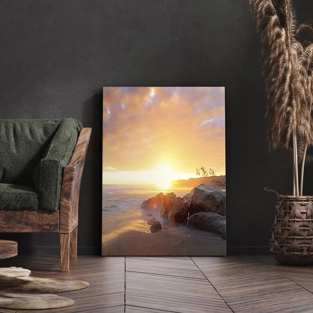 Cuadro sobre lienzo - Impresión de Imagen - Puesta de sol sobre la costa rocosa - 80x120cm - Brisa luminosa del atardecer - Decoración de pared moderna para salón y dormitorio ARTTOR
