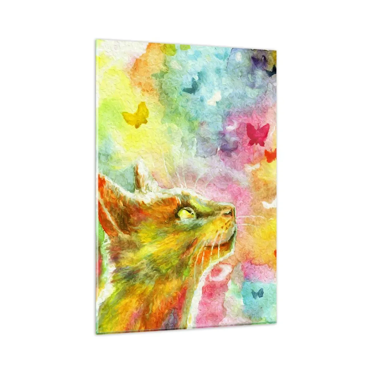 Cuadro sobre vidrio - Impresiones sobre Vidrio - Un gato rodeado de mariposas de colores. - 80x120cm - En el paraíso de los gatos - Decoración de pared moderna para salón y dormitorio ARTTOR