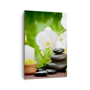 Cuadro sobre lienzo - Impresión de Imagen - Orquídeas, velas y piedras rodeadas de naturaleza. - 70x100cm - Un toque fragante, floral y suave - Decoración de pared moderna para salón y dormitorio ARTTOR