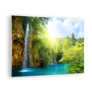 Cuadro sobre vidrio - Impresiones sobre Vidrio - Una cascada que desemboca en un lago azul rodeado de vegetación. - 70x50cm - Debe ser el Edén - Decoración de pared moderna para salón y dormitorio ARTTOR