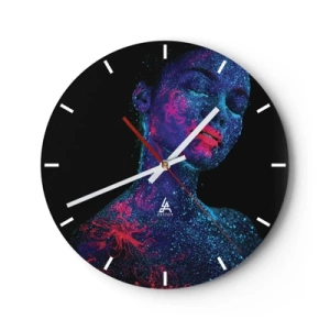 Reloj de pared - Reloj de vidrio - Retrato de una mujer con pinturas faciales fluorescentes - 30x30cm - En polvo de estrellas - Decoración de pared moderna para salón, cocina y dormitorio ARTTOR