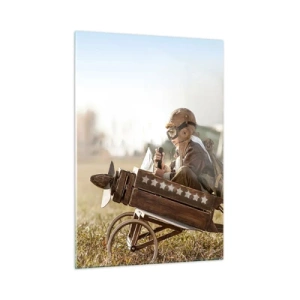 Cuadro sobre vidrio - Impresiones sobre Vidrio - Un niño en un avión de madera, pretendiendo ser piloto, vistiendo ropa de aviador. - 50x70cm - Despegue hacia un sueño - Decoración de pared moderna para salón y dormitorio ARTTOR