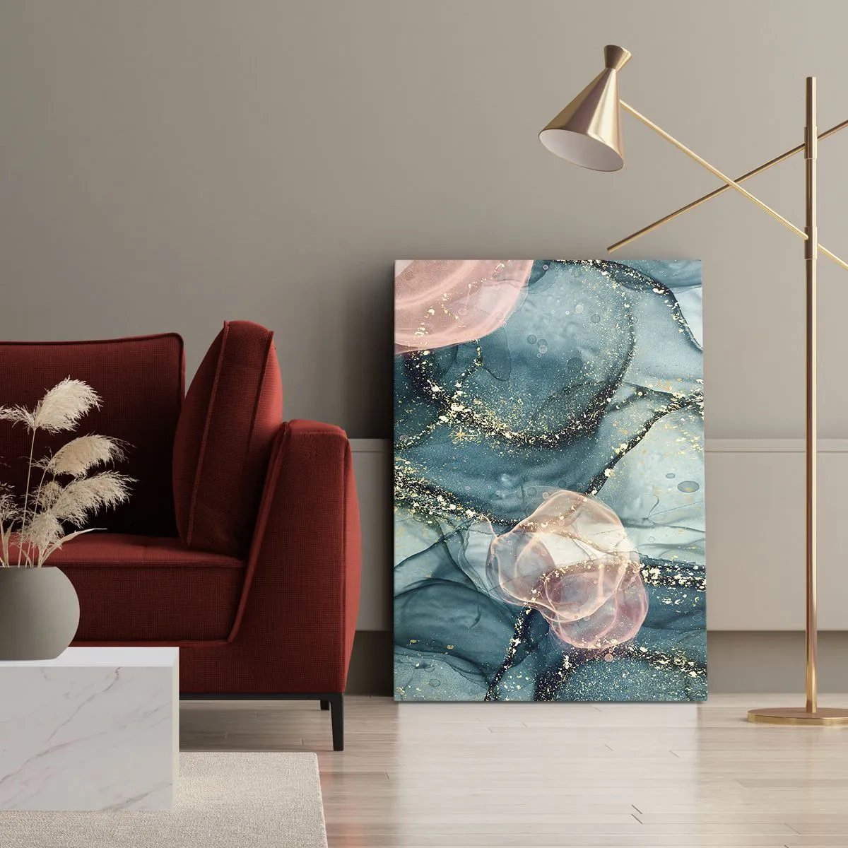 Cuadro sobre lienzo - Impresión de Imagen - Una composición abstracta en tonos turquesa y dorado. - 50x70cm - Seda azul, tul rosa - Decoración de pared moderna para salón y dormitorio ARTTOR