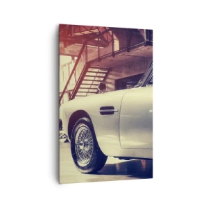 Cuadro sobre lienzo - Impresión de Imagen - Un coche clásico en un elegante garaje con un interior industrial. - 80x120cm - Los clásicos no envejecen - Decoración de pared moderna para salón y dormitorio ARTTOR