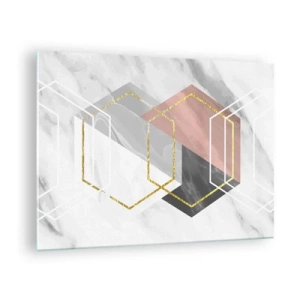 Cuadro sobre vidrio - Impresiones sobre Vidrio - Formas geométricas doradas sobre un fondo de mármol. - 70x50cm - Composición en cadena - Decoración de pared moderna para salón y dormitorio ARTTOR