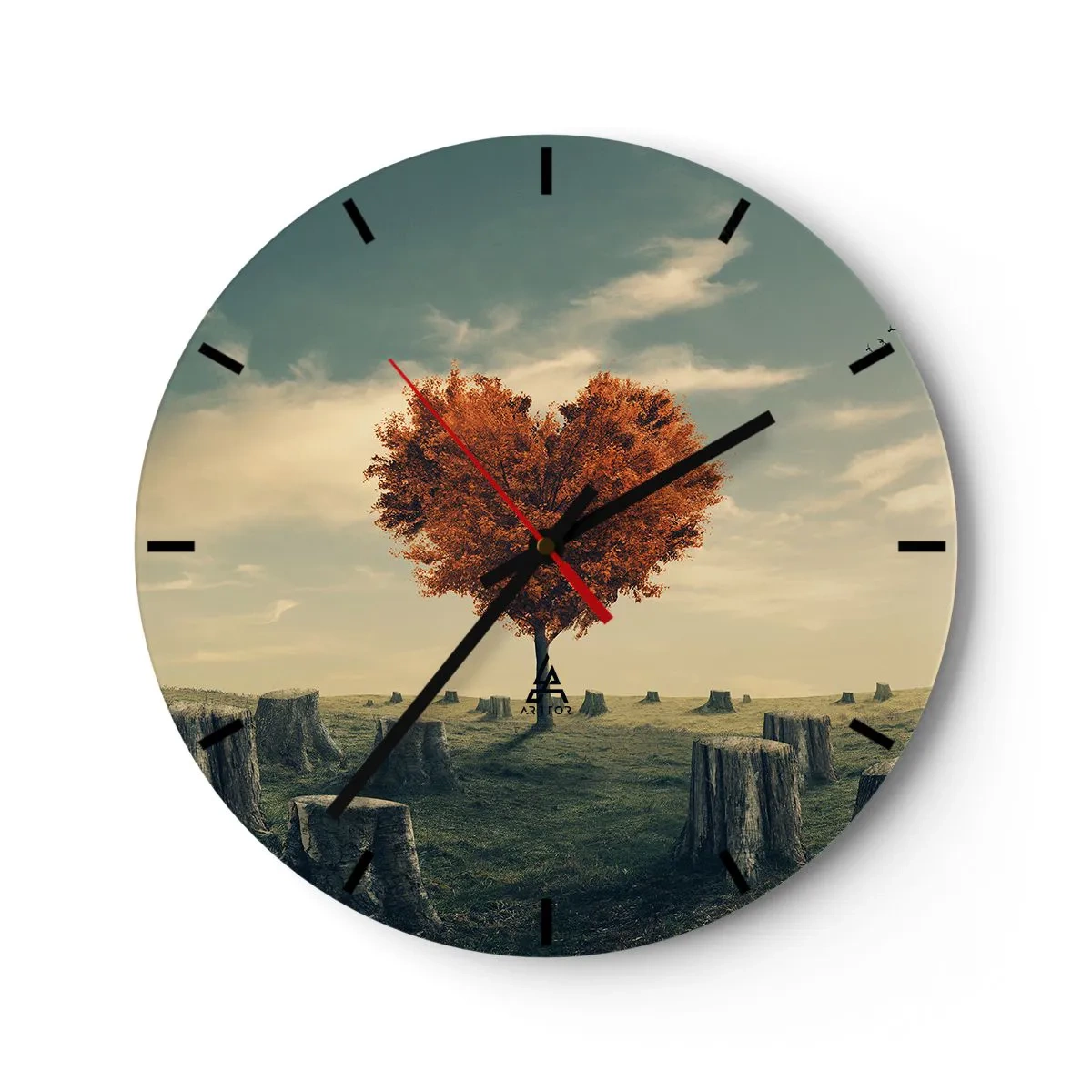 Reloj de pared - Reloj de vidrio - Un árbol en forma de corazón rodeado de troncos contra el cielo. - 30x30cm - Todavía hay esperanza - Decoración de pared moderna para salón, cocina y dormitorio ARTTOR