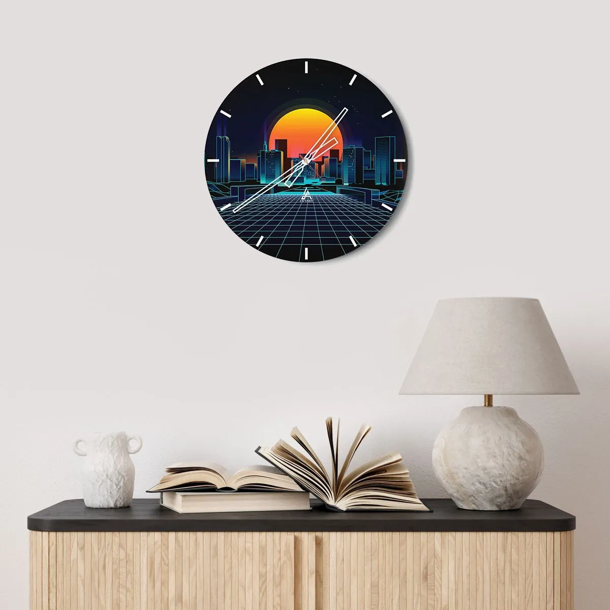Reloj de pared - Reloj de vidrio - Paisaje urbano retrofuturista con luces de neón y puesta de sol. - 30x30cm - ¿Todavía deseas volver a la realidad? - Decoración de pared moderna para salón, cocina y dormitorio ARTTOR