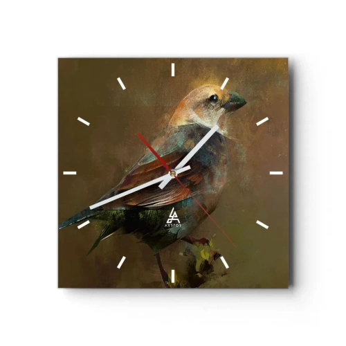 Reloj de pared - Reloj de vidrio - Una interpretación artística de un gorrión sobre un fondo marrón. - 30x30cm - Pequeño gorrión - Decoración de pared moderna para salón y dormitorio ARTTOR