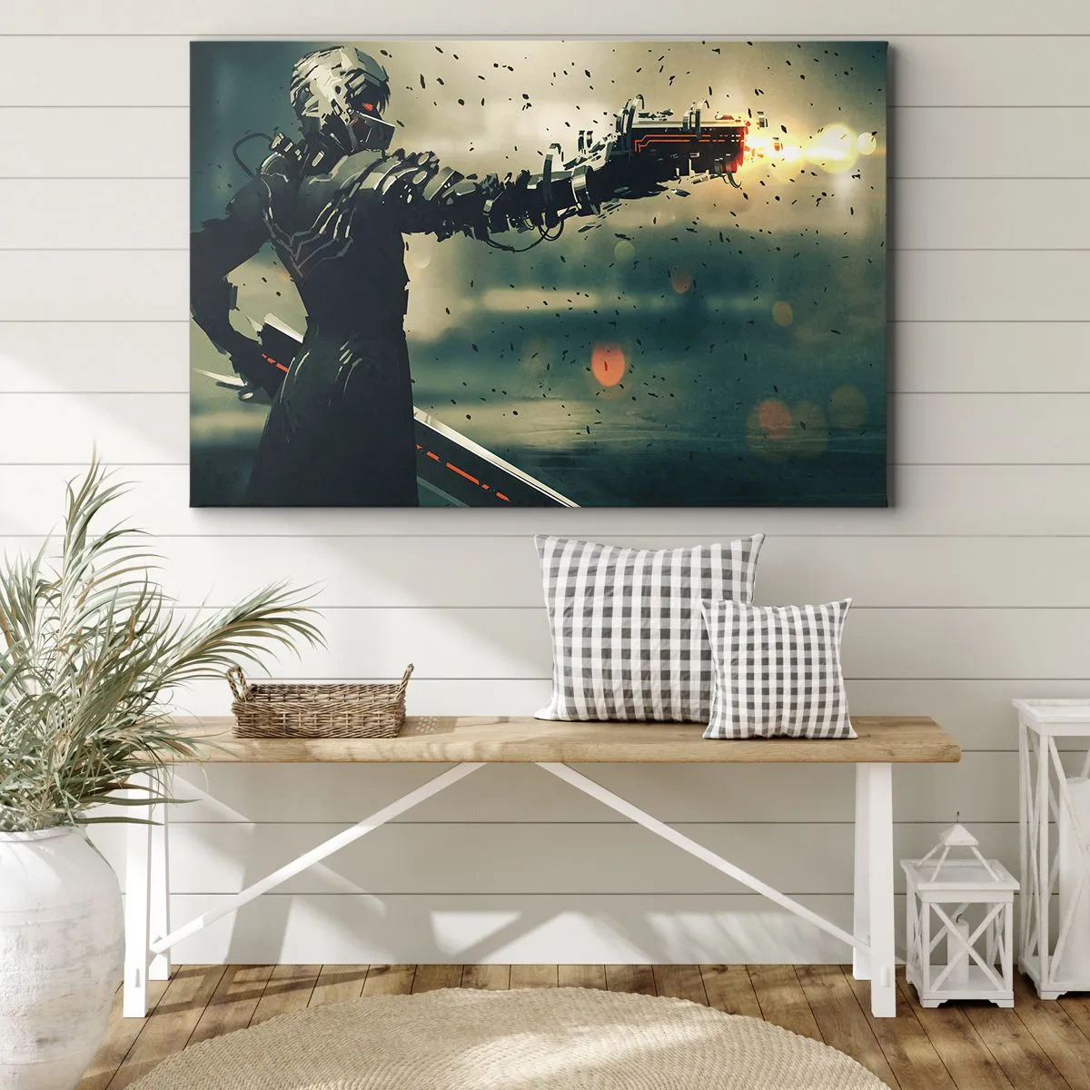 Cuadro sobre lienzo - Impresión de Imagen - Guerrero cibernético con armamento futurista. - 70x50cm - Arma letal: tu propio Terminator - Decoración de pared moderna para salón y dormitorio ARTTOR