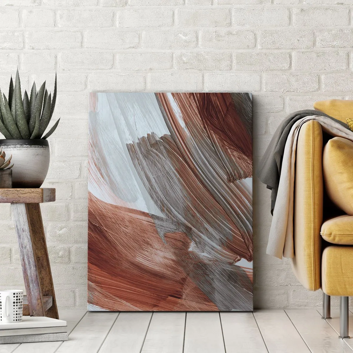 Cuadro sobre lienzo - Impresión de Imagen - Pinceladas abstractas en tonos cobre y gris. - 50x70cm - Abstracción otoñal y ventosa - Decoración de pared moderna para salón y dormitorio ARTTOR