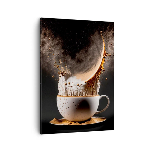 Cuadro sobre lienzo - Impresión de Imagen - Una taza de café con una explosión dinámica de líquido sobre un fondo negro. - 50x70cm - Una explosión de sabor - Decoración de pared moderna para salón y dormitorio ARTTOR