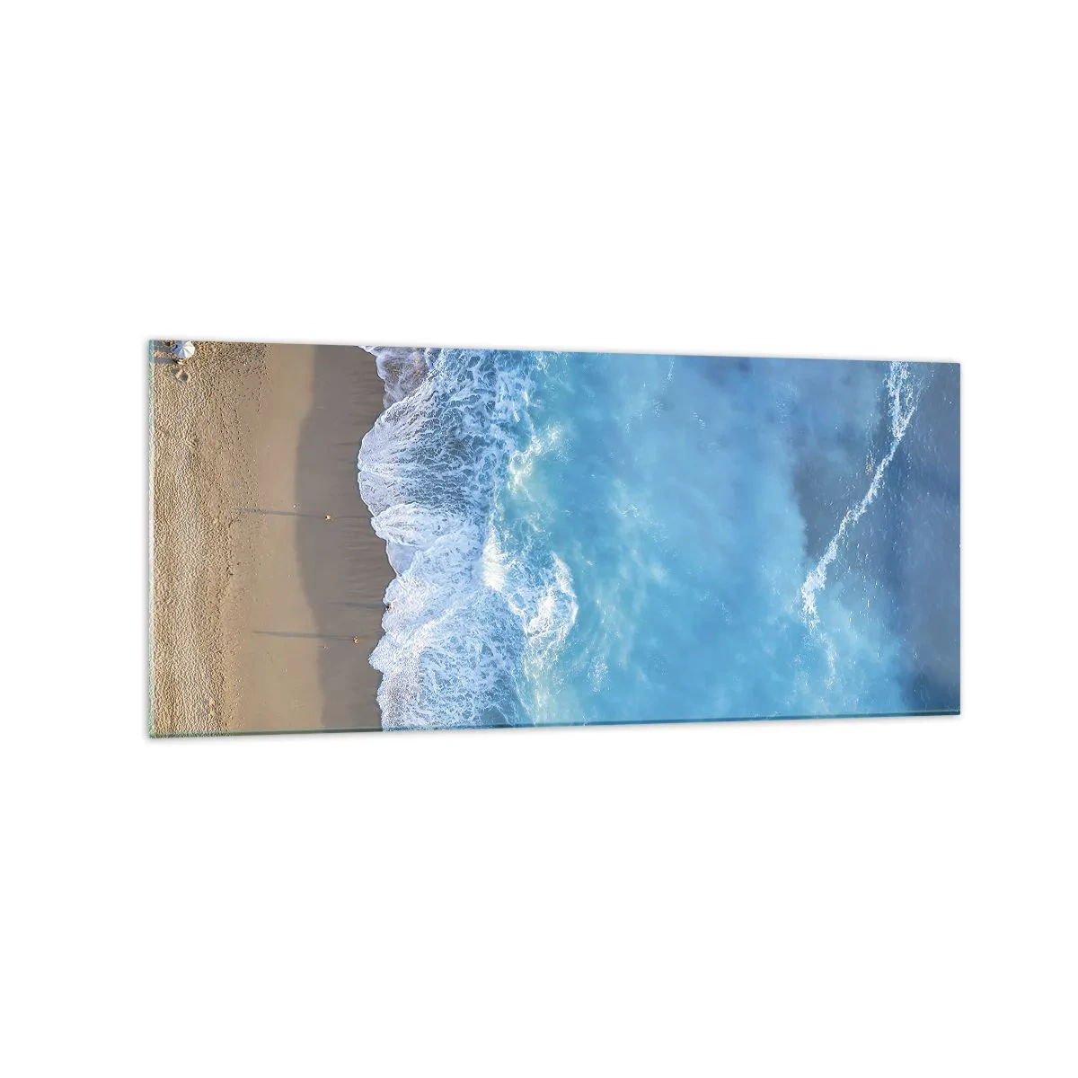 Cuadro sobre vidrio - Impresiones sobre Vidrio - Una vista de pájaro de la playa y las olas del mar. - 120x50cm - El poder del azul - Decoración de pared moderna para salón y dormitorio ARTTOR