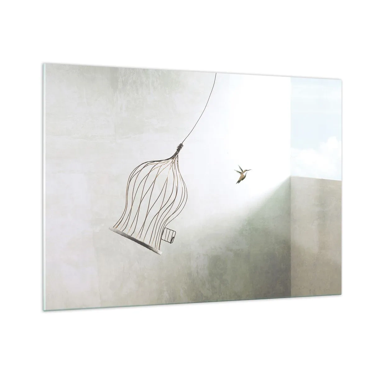 Cuadro sobre vidrio - Impresiones sobre Vidrio - Una jaula abierta y un colibrí volando a la luz del día. - 100x70cm - Aquí debo estar - Decoración de pared moderna para salón y dormitorio ARTTOR