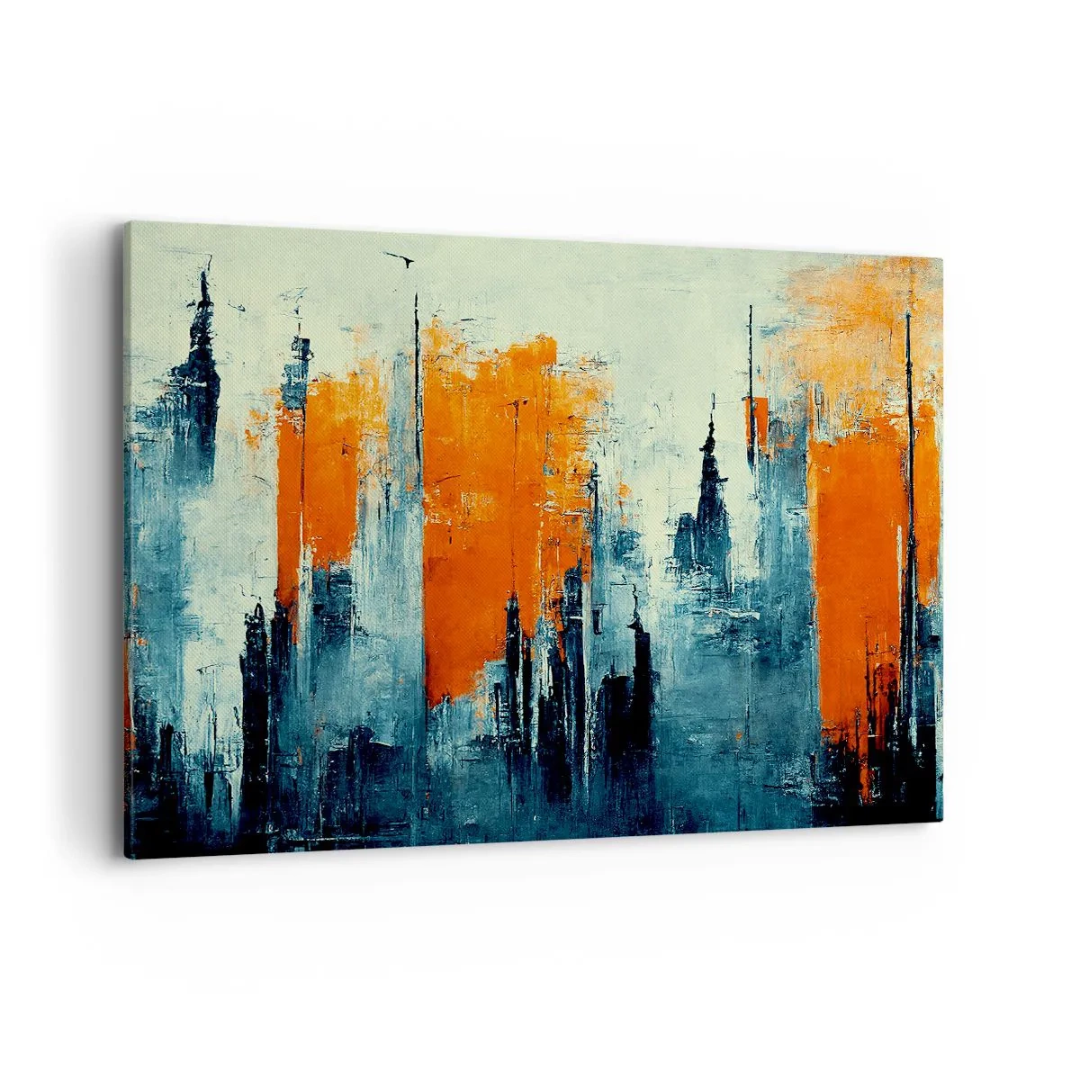 Cuadro sobre lienzo - Impresión de Imagen - Paisaje urbano abstracto en tonos naranja y azul. - 120x80cm - Paisaje moderno - Decoración de pared moderna para salón y dormitorio ARTTOR