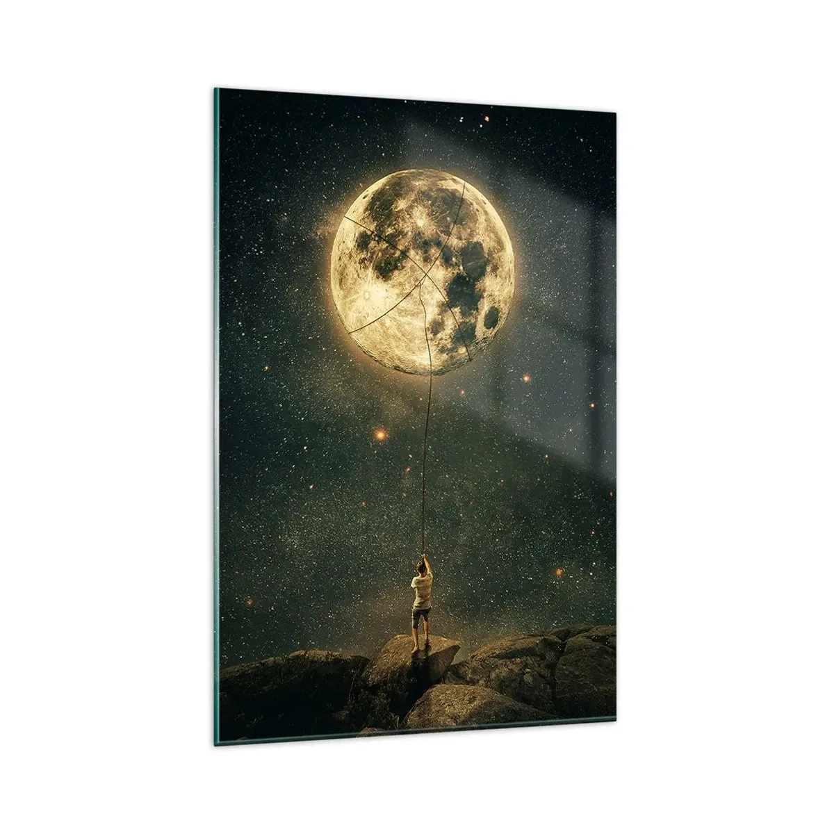 Cuadro sobre vidrio - Impresiones sobre Vidrio - Hombre con la luna contra el cielo estrellado - 80x120cm - El que robó la luna - Decoración de pared moderna para salón y dormitorio ARTTOR