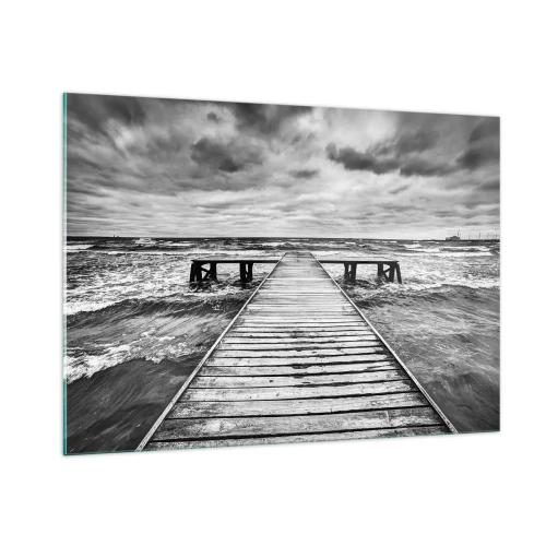 Cuadro sobre vidrio - Impresiones sobre Vidrio - Un embarcadero blanco y negro en medio de olas agitadas - 100x70cm - Estoy esperando que sople el viento... - Decoración de pared moderna para salón y dormitorio ARTTOR