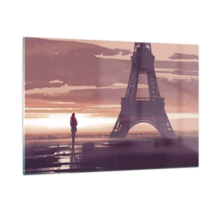 Cuadro sobre vidrio - Impresiones sobre Vidrio - La Torre Eiffel al atardecer con la silueta de una persona. - 120x80cm - Sólo ellas dos - Decoración de pared moderna para salón y dormitorio ARTTOR