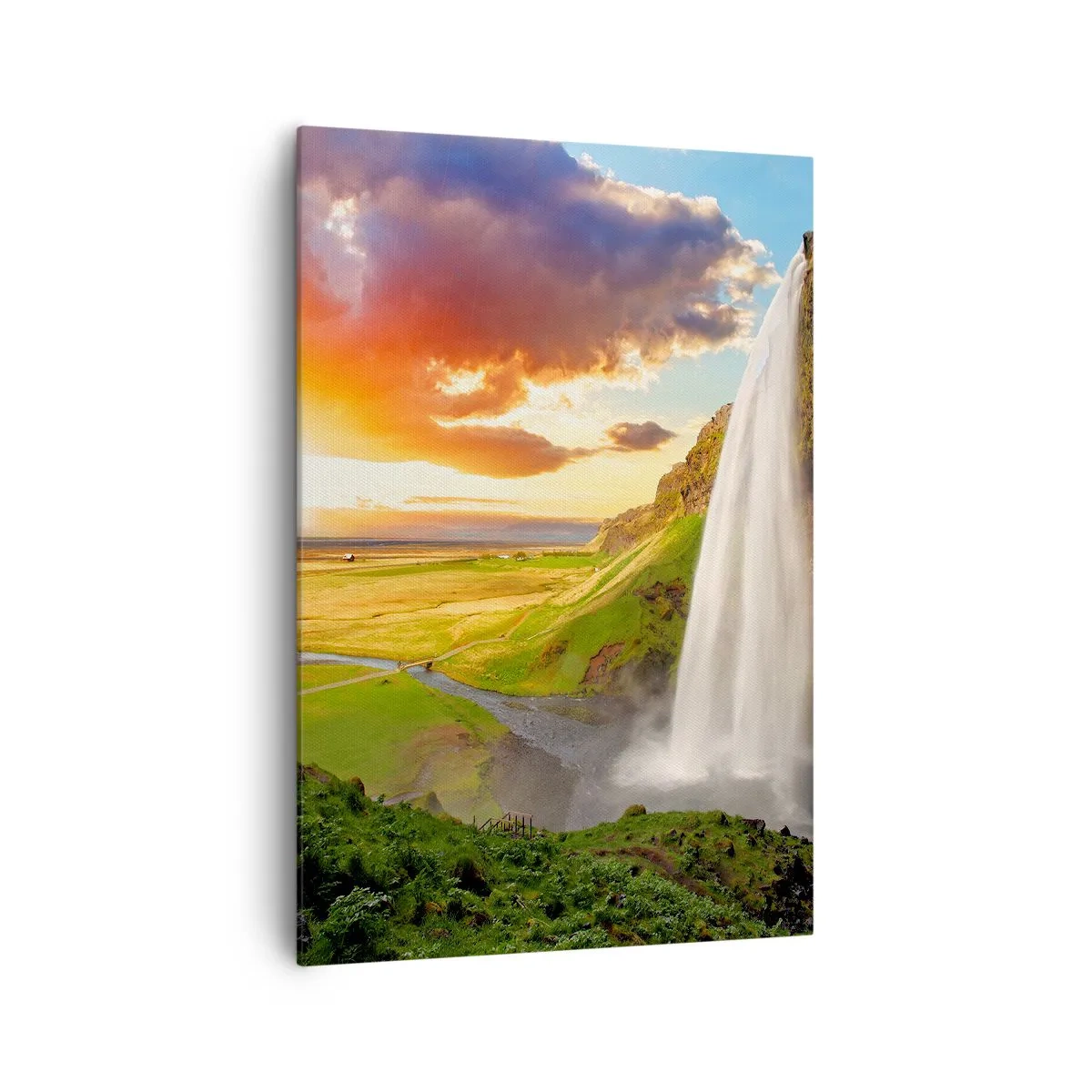 Cuadro sobre lienzo - Impresión de Imagen - Una cascada en un paisaje pintoresco al atardecer. - 70x100cm - La plenitud del verano islandés - Decoración de pared moderna para salón y dormitorio ARTTOR