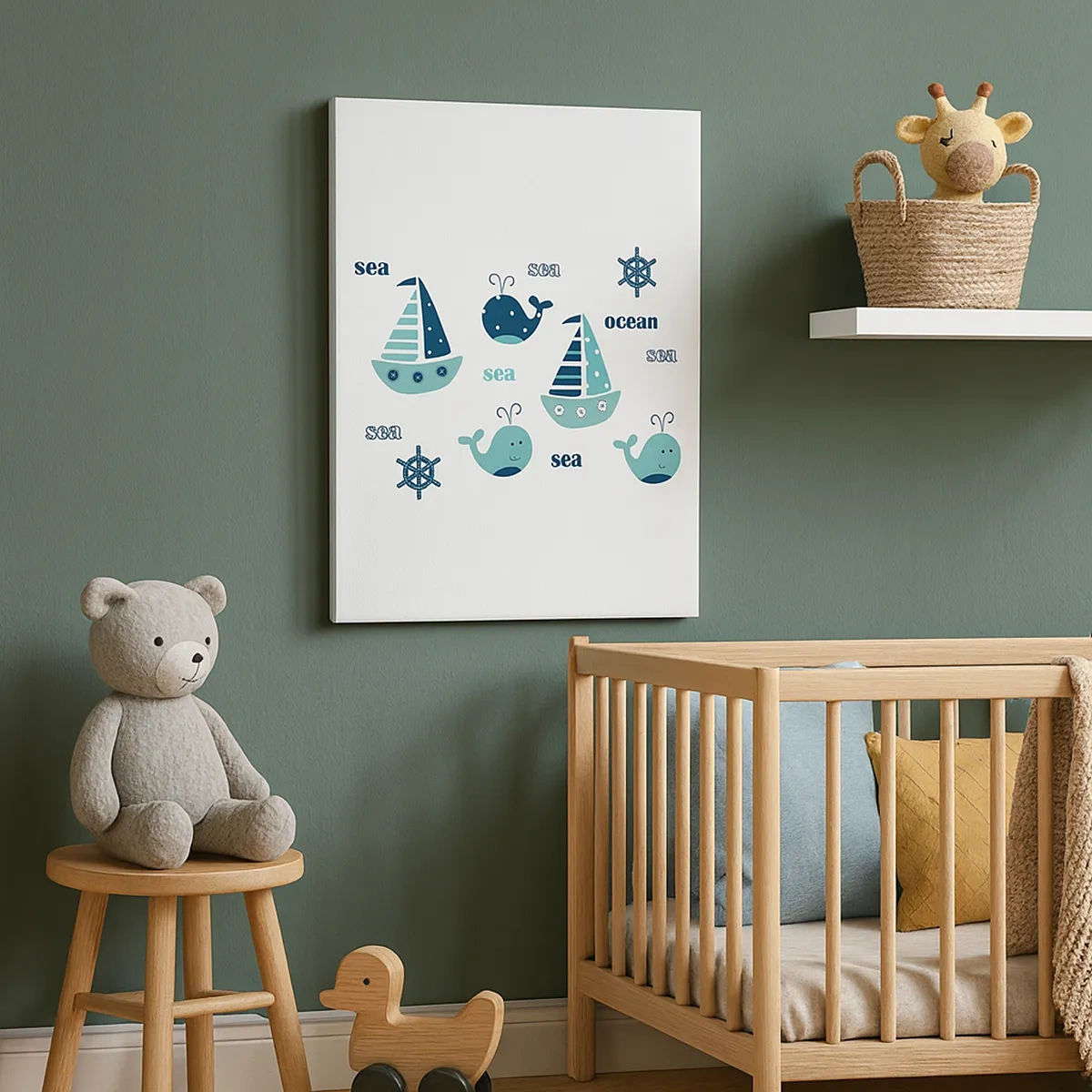 Cuadro sobre lienzo - Impresión de Imagen - Encantadores motivos náuticos con ballenas y veleros. - 50x70cm - A través de mares y océanos - Decoración de pared moderna para salón y dormitorio ARTTOR