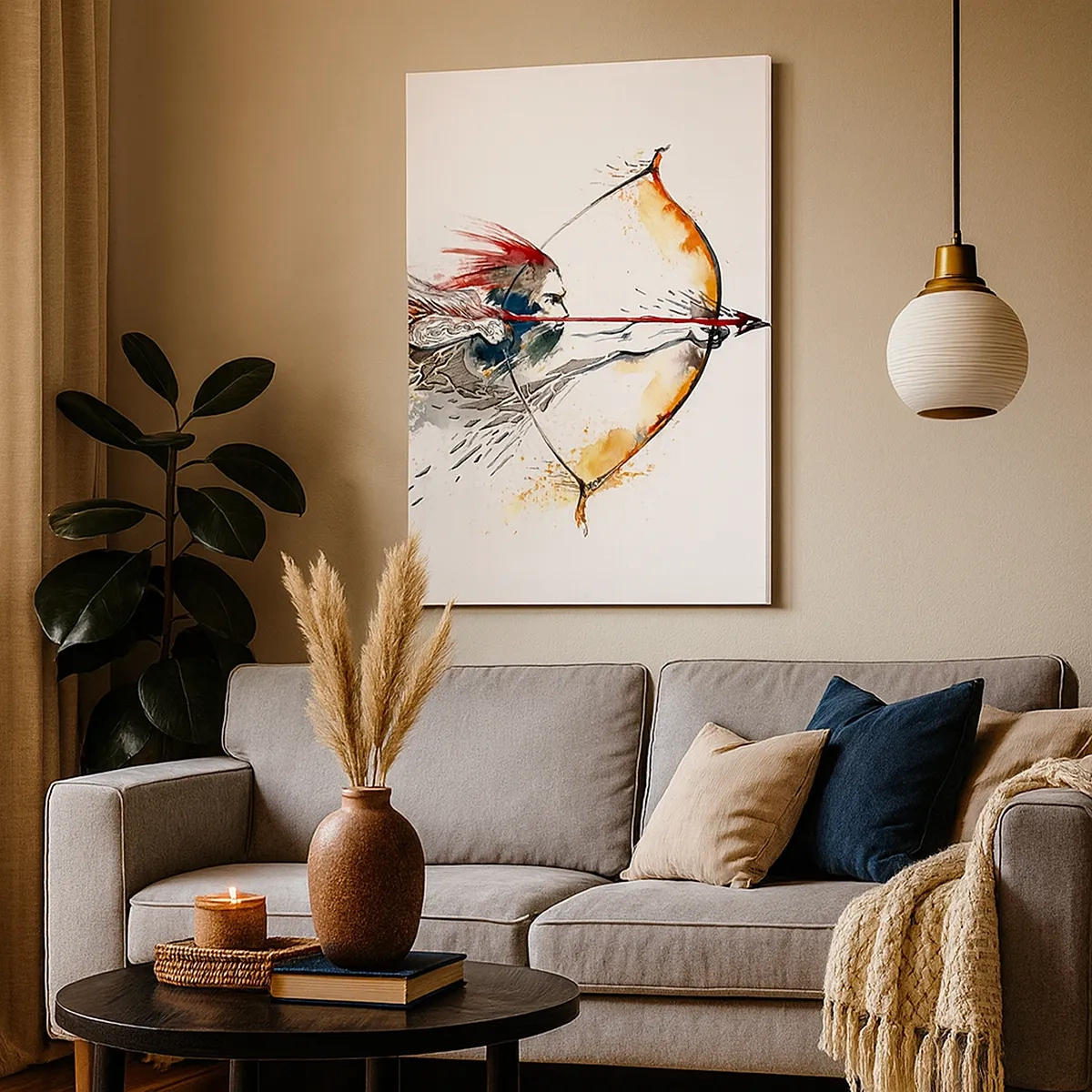 Cuadro sobre lienzo - Impresión de Imagen - Pintura dinámica de acuarela de un guerrero con arco y flecha. - 50x70cm - Guerrero mítico con arco de fuego - Decoración de pared moderna para salón y dormitorio ARTTOR