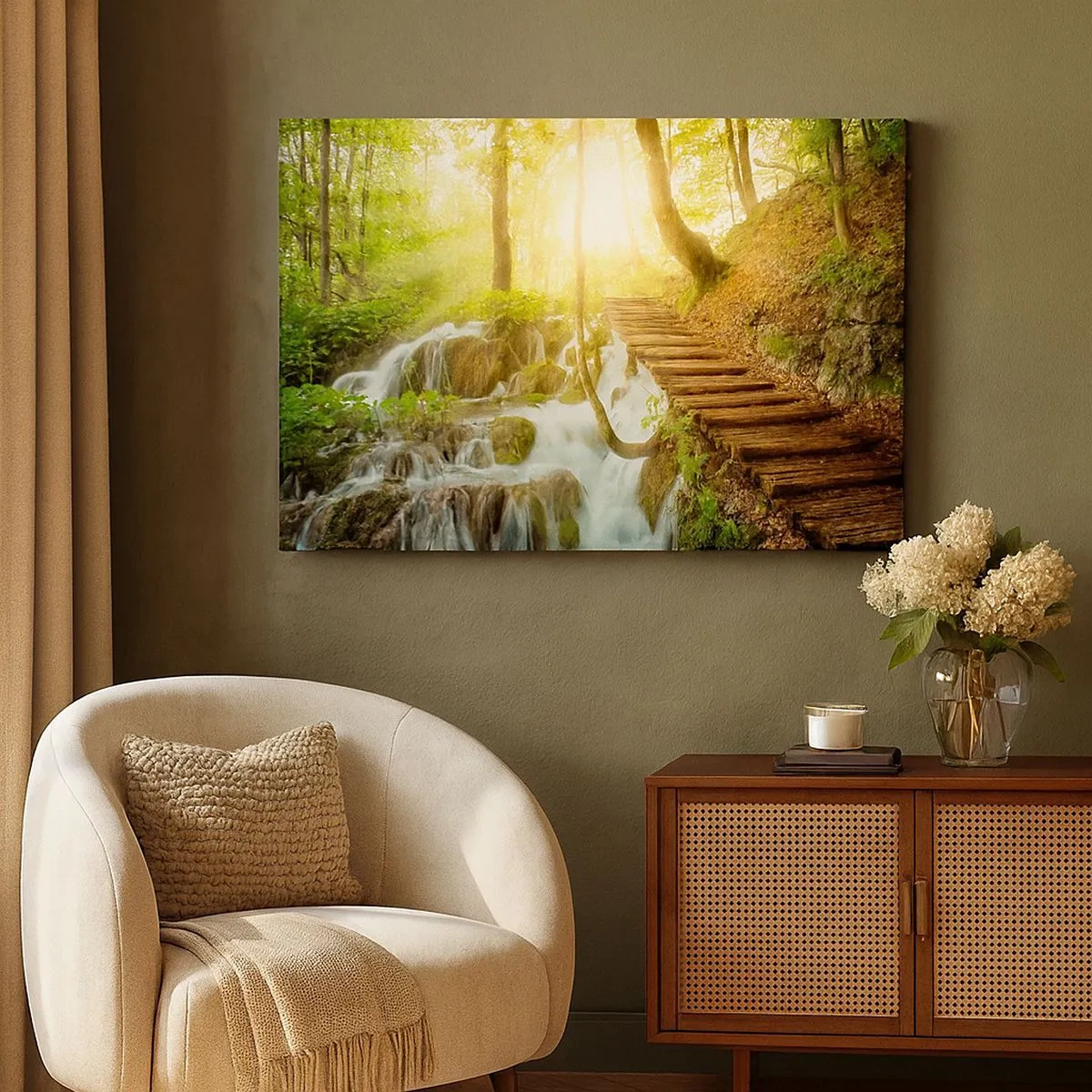 Cuadro sobre lienzo - Impresión de Imagen - Camino forestal con escaleras de madera junto a la cascada. - 70x50cm - El ansiado frescor - Decoración de pared moderna para salón y dormitorio ARTTOR