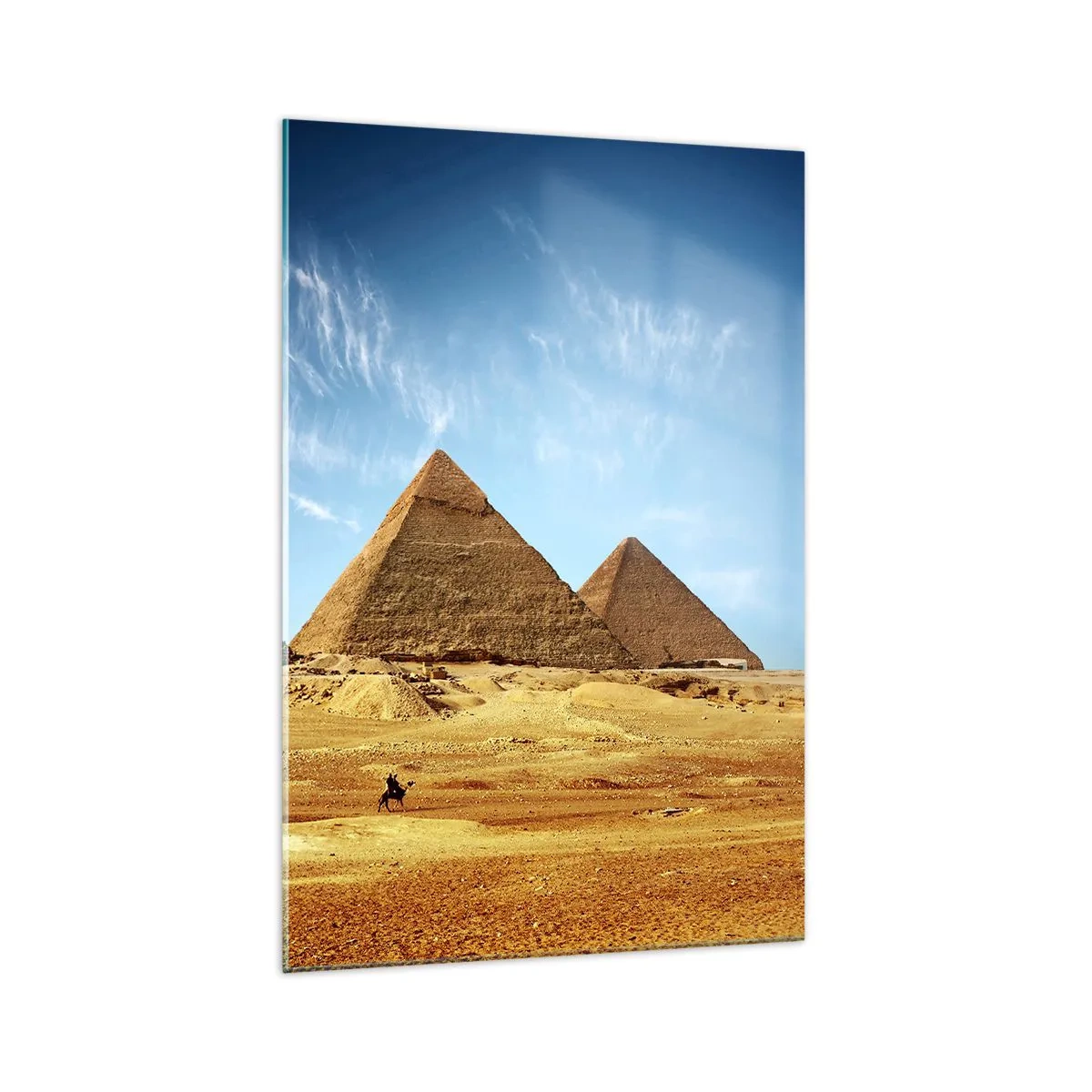 Cuadro sobre vidrio - Impresiones sobre Vidrio - Las pirámides de Giza contra un cielo azul y un paisaje desértico. - 70x100cm - 40 siglos te observan - Decoración de pared moderna para salón y dormitorio ARTTOR