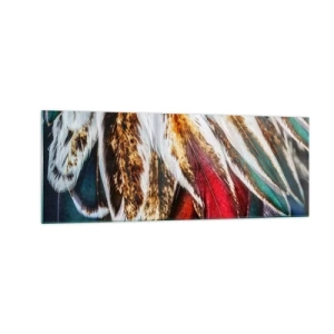 Cuadro sobre vidrio - Impresiones sobre Vidrio - Primer plano de plumas multicolores en colores vibrantes e intensos. - 140x50cm - Los misterios del vuelo - Decoración de pared moderna para salón y dormitorio ARTTOR