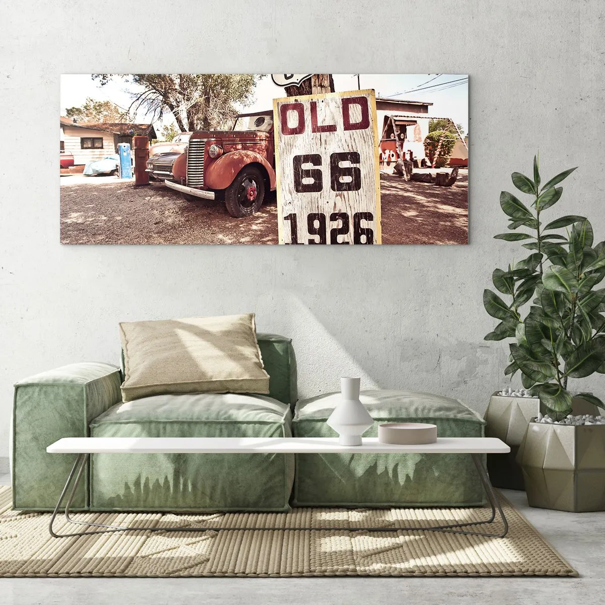 Cuadro sobre vidrio - Impresiones sobre Vidrio - Coche retro y cartel de la Ruta 66 en un entorno rústico - 120x50cm - Una leyenda de la América profunda - Decoración de pared moderna para salón y dormitorio ARTTOR