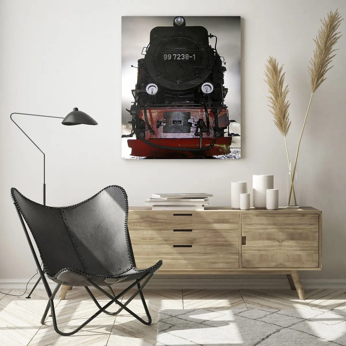 Cuadro sobre vidrio - Impresiones sobre Vidrio - Una locomotora de vapor rodeada de vapor y luz. - 50x70cm - De pie, jadeando y soplando - Decoración de pared moderna para salón y dormitorio ARTTOR