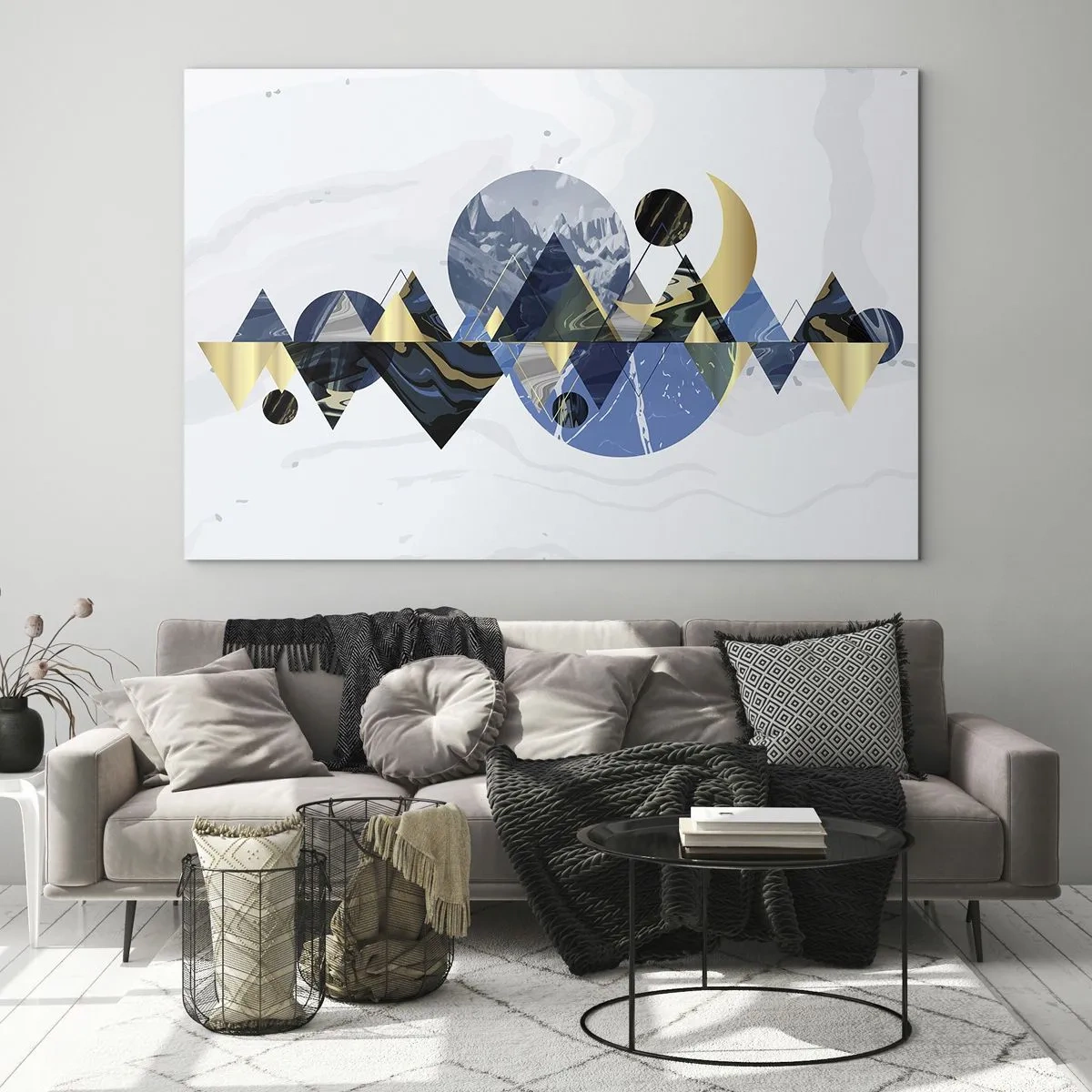 Cuadro sobre vidrio - Impresiones sobre Vidrio - Figuras geométricas abstractas en tonos azul marino y dorado. - 70x50cm - Paisaje geométrico - Decoración de pared moderna para salón y dormitorio ARTTOR