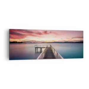 Cuadro sobre lienzo - Impresión de Imagen - Un embarcadero que conduce a un lago tranquilo al atardecer. - 140x50cm - La suave llama del atardecer - Decoración de pared moderna para salón y dormitorio ARTTOR